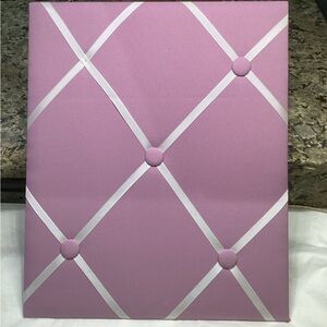 Purple & White Memo Board fabric photo holder with crisscross ribbon, 14” x 17”.